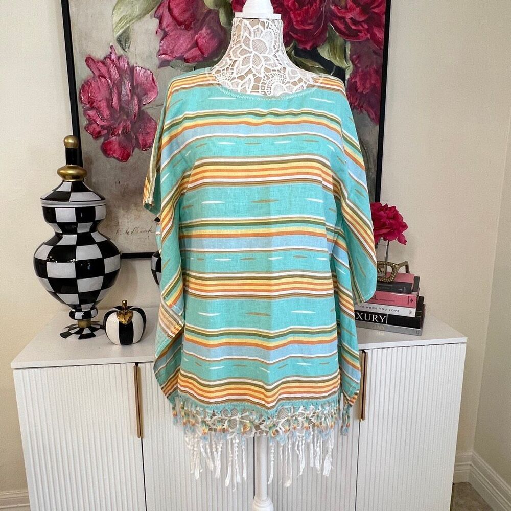 Ryan Michael Women's Striped Linen Blend Kimono Fringed Poncho Multicolor Medium